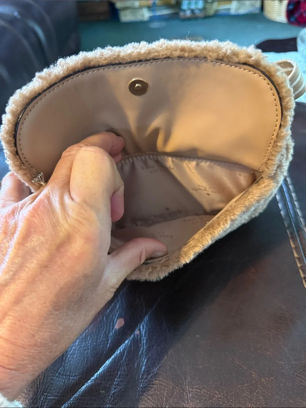 kate spade Tan Faux Fur Crossbody Belt Bag with Striped Strap